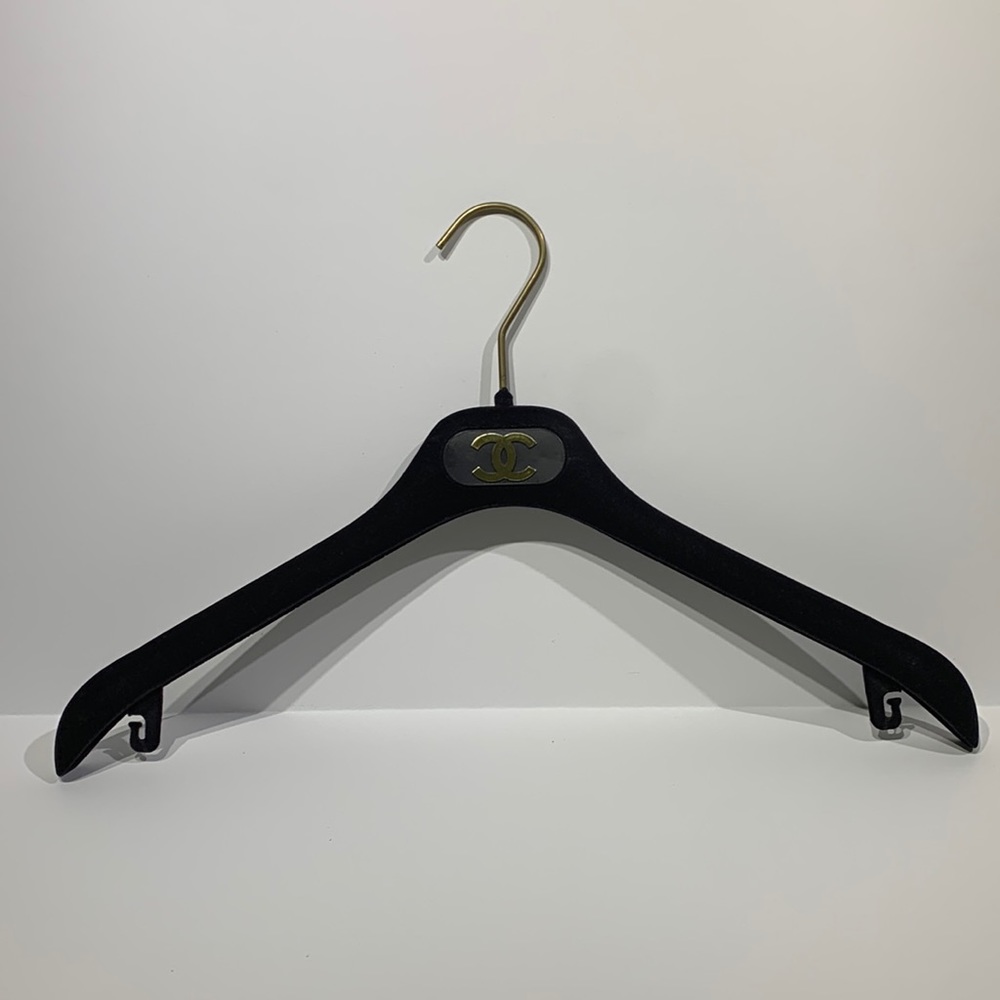 CHANEL, Hanger, Black Velvet, Gold CC Logo, Dress Loop Hooks, Authentic, 40cm